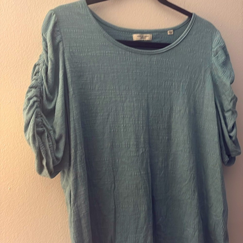 This sage green blouse by Max Studio features gathered sleeves and a subtle .